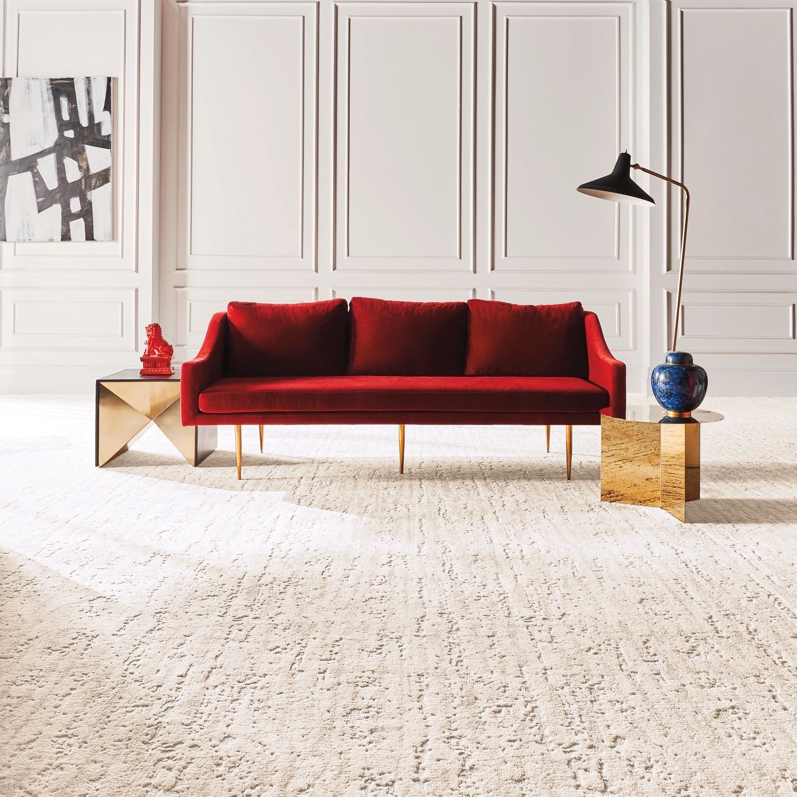red couch on white nylon carpet from Goodrich Floor Coverings Inc in Salt Lake City