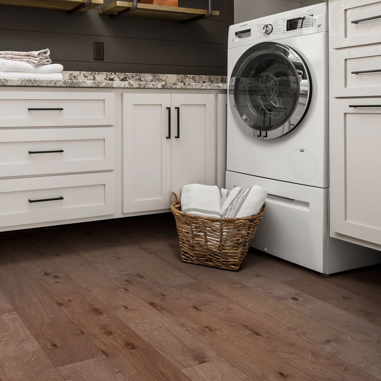 laundry basket on hardwood floor from Goodrich Floor Coverings Inc in Salt Lake City